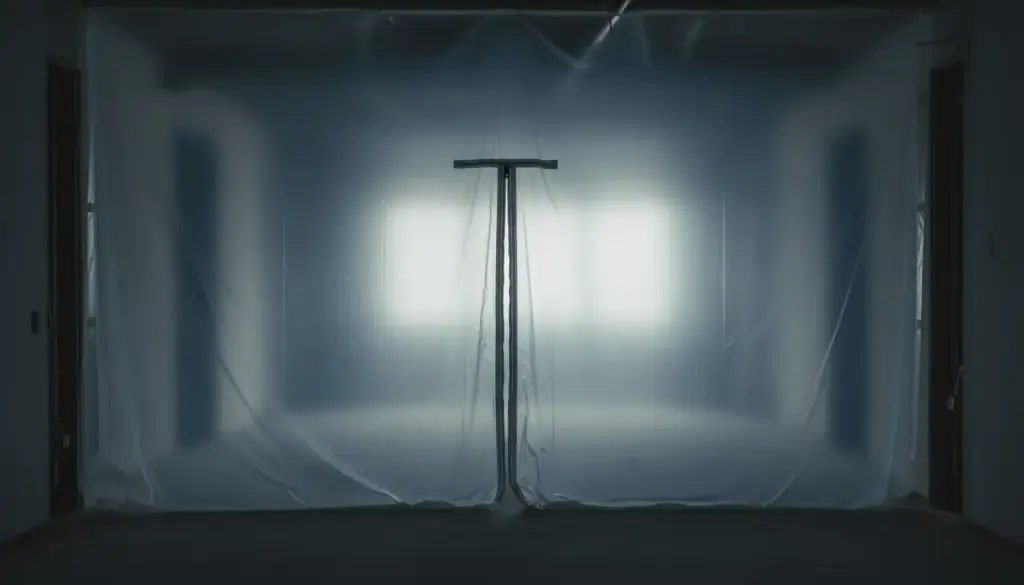 Backlit plastic containment sheeting with a zippered doorway inside a stripped room