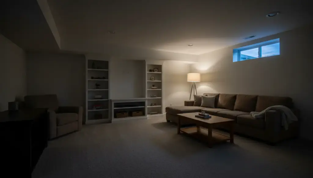 Finished basement family room, dry and restored, with a lamp on at dusk