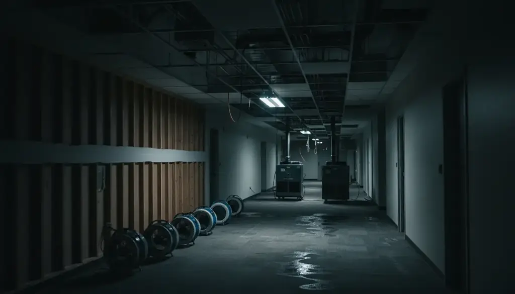 Commercial corridor mid-drying at night with a line of air movers and two dehumidifiers