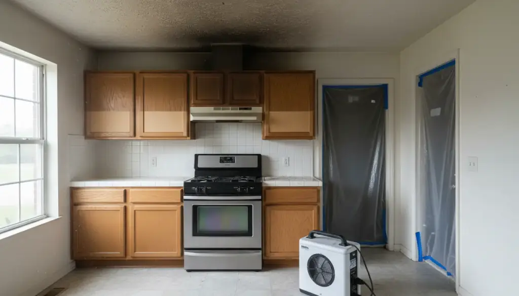 Kitchen with soot spread across the ceiling above the range, doorways sealed in plastic and an air scrubber on the floor