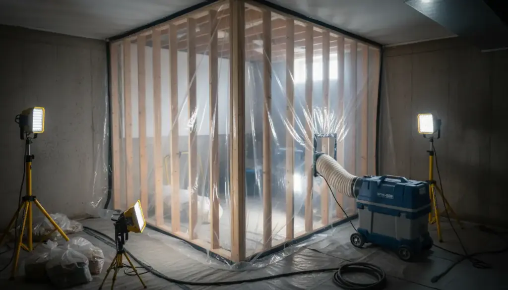 Basement mold containment: clear plastic sealed around cleaned studs with a HEPA air scrubber ducted out of the chamber
