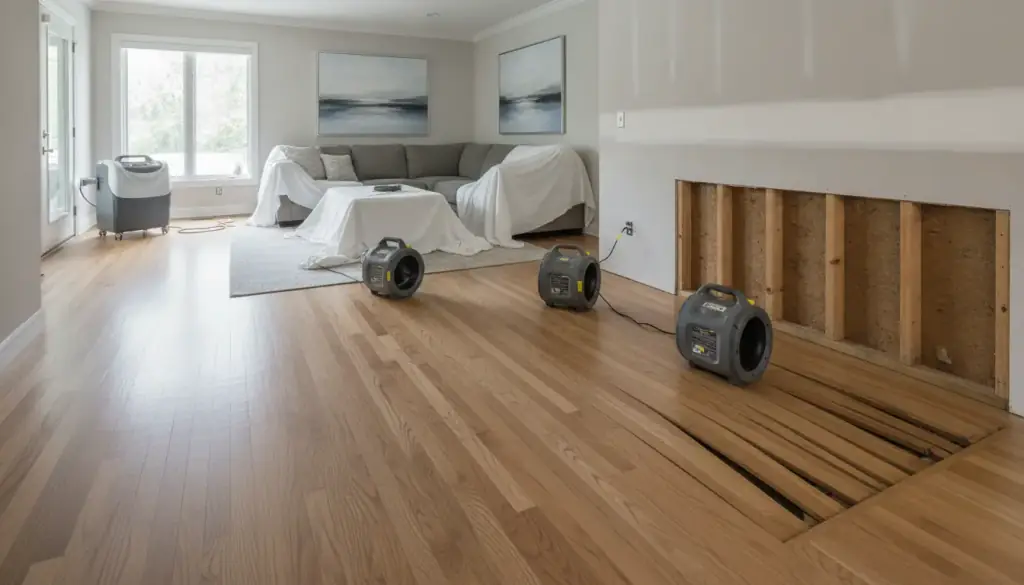 Family room after a burst pipe: cupped hardwood, a flood cut along the drywall and air movers drying the wall